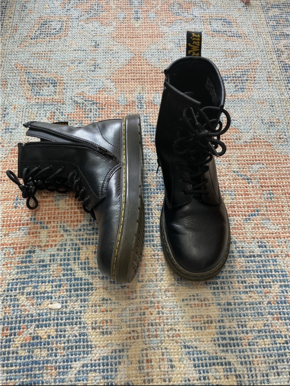 Dr. Martens Women's Black Leather Lace-Up Boots with Yellow Stitching